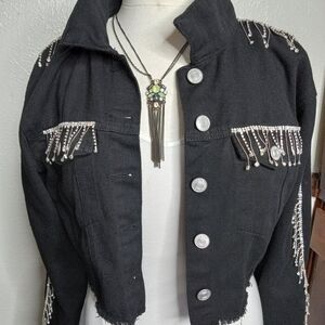 RUE21 100% Cotton Black Cropped Rhinestone Denim Jacket Size‎ M
